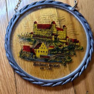 Painted glass Wall hanger plaque “dachauer schloh um 1586” yellow painted glass